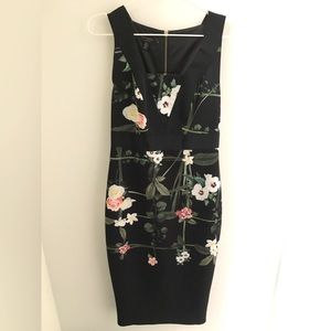 Ted Baker Black Floral Square Neck Midi Dress